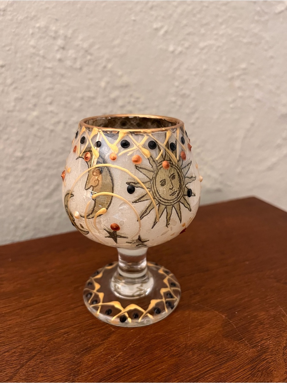 Whimsigoth Decoupage Sun & Moon Decorative Glass Candle Holder 4” tall